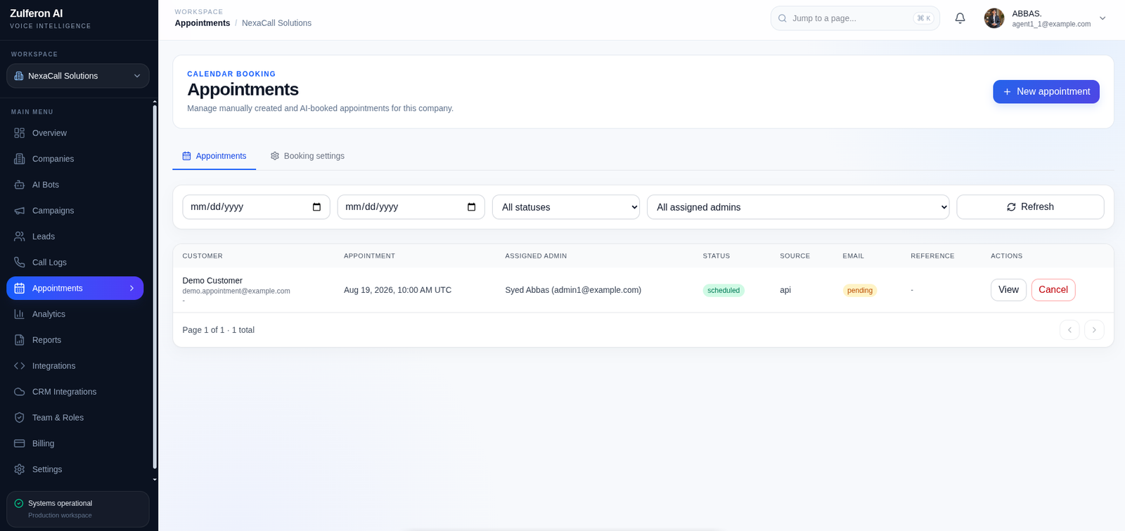 AI Caller appointment management with confirmed bookings