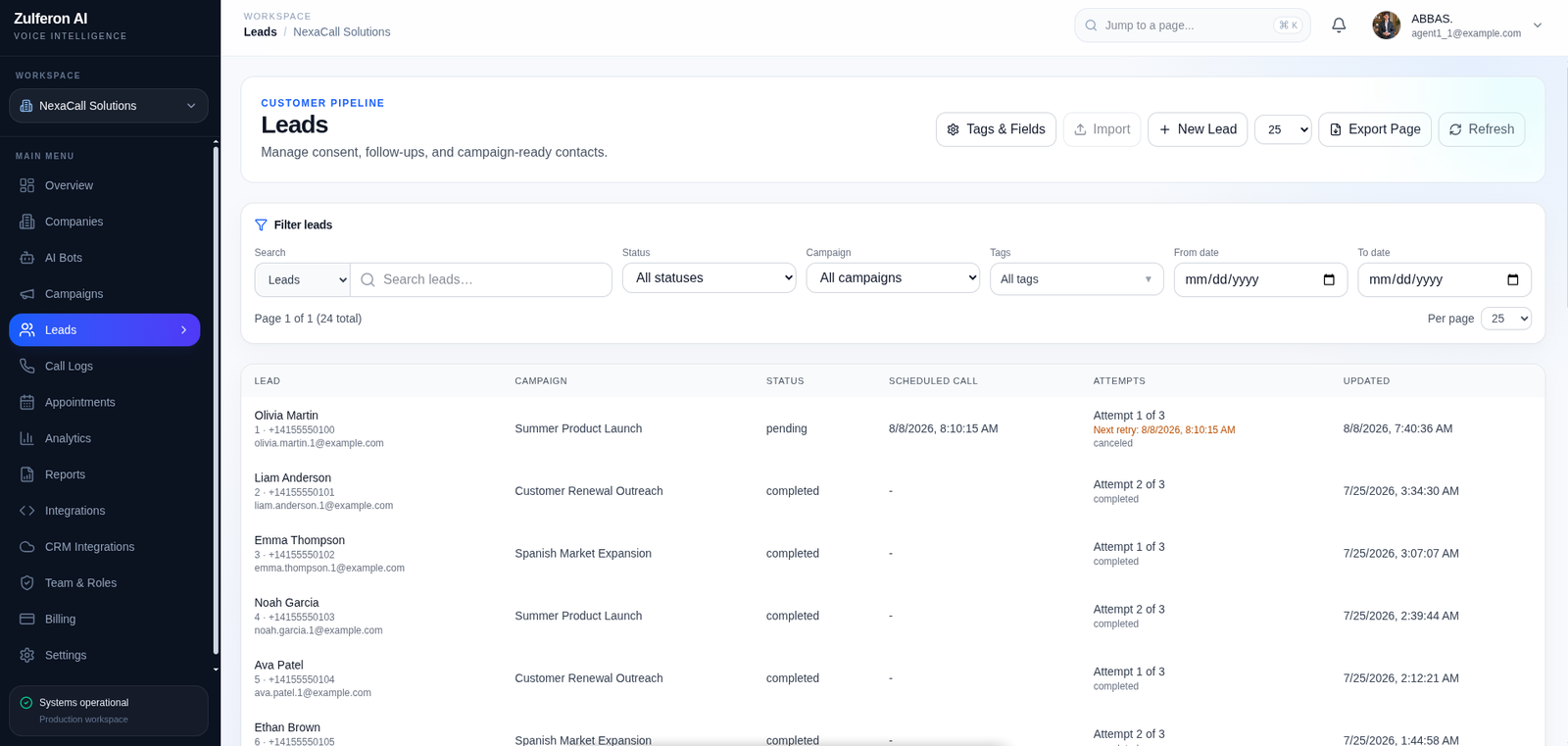 AI Caller lead pipeline with campaign routing and scheduled calls