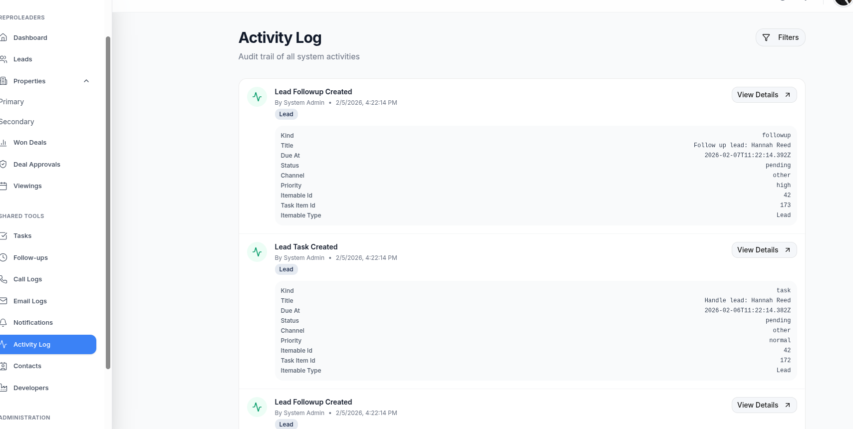 CRM client profile and activity history
