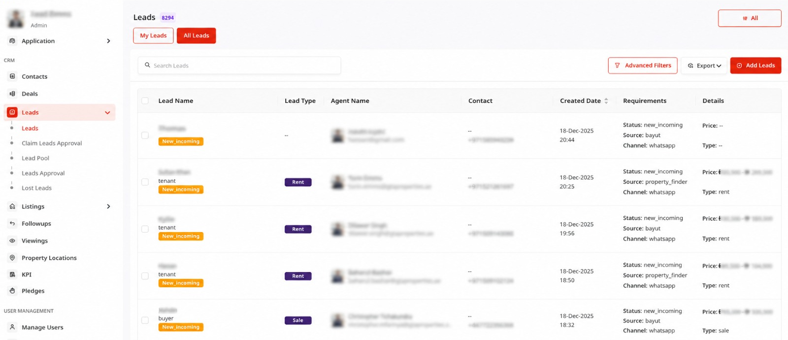 Real estate CRM property management screen